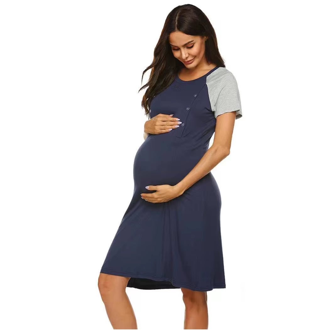 Cotton Nursing Nightgown – Short Sleeve Maternity Breastfeeding Dress