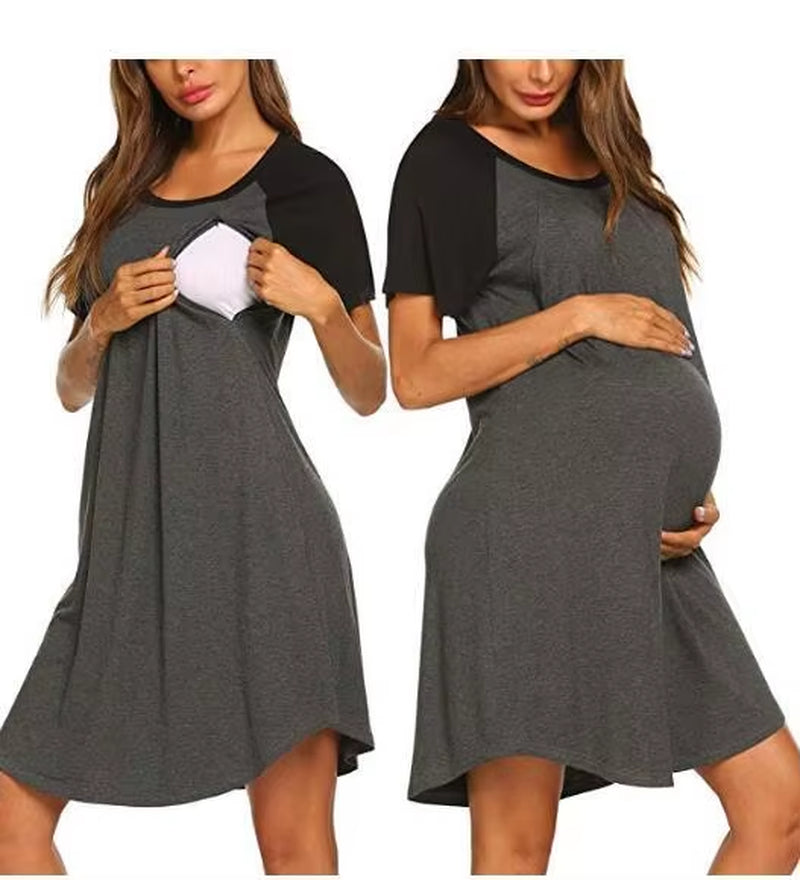 Cotton Nursing Nightgown – Short Sleeve Maternity Breastfeeding Dress