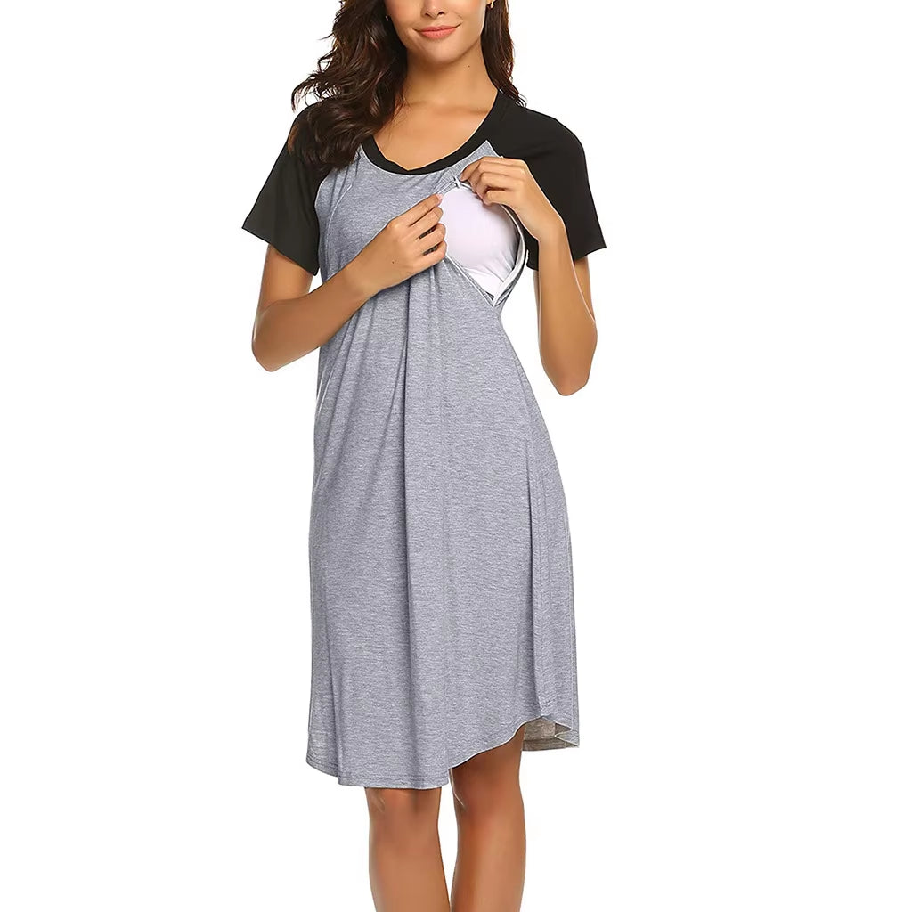 Cotton Nursing Nightgown – Short Sleeve Maternity Breastfeeding Dress