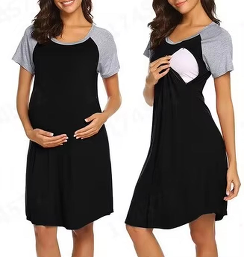 Cotton Nursing Nightgown – Short Sleeve Maternity Breastfeeding Dress