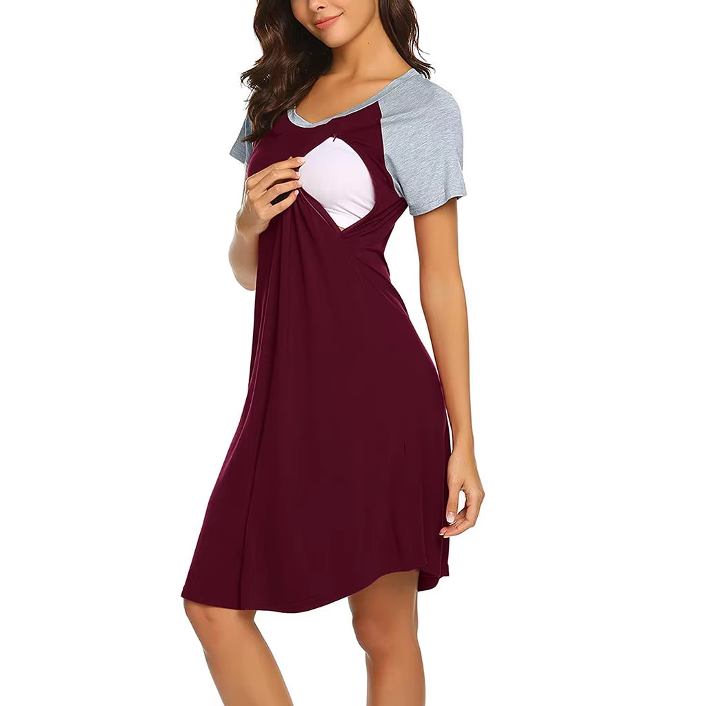 Cotton Nursing Nightgown – Short Sleeve Maternity Breastfeeding Dress