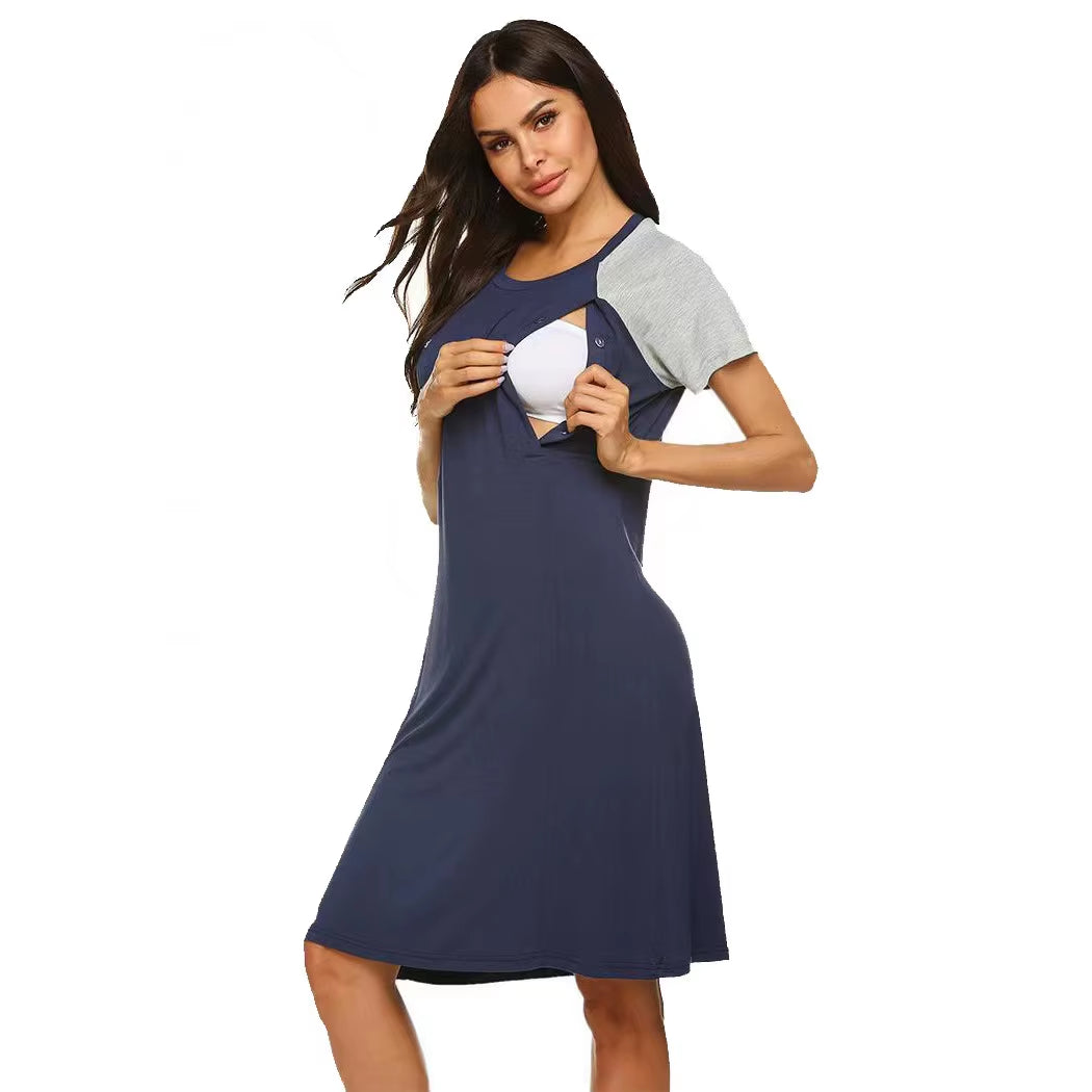 Cotton Nursing Nightgown – Short Sleeve Maternity Breastfeeding Dress