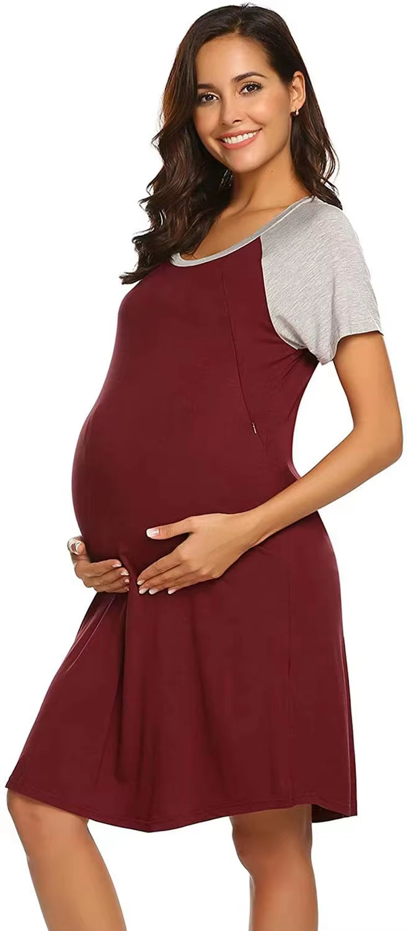 Cotton Nursing Nightgown – Short Sleeve Maternity Breastfeeding Dress