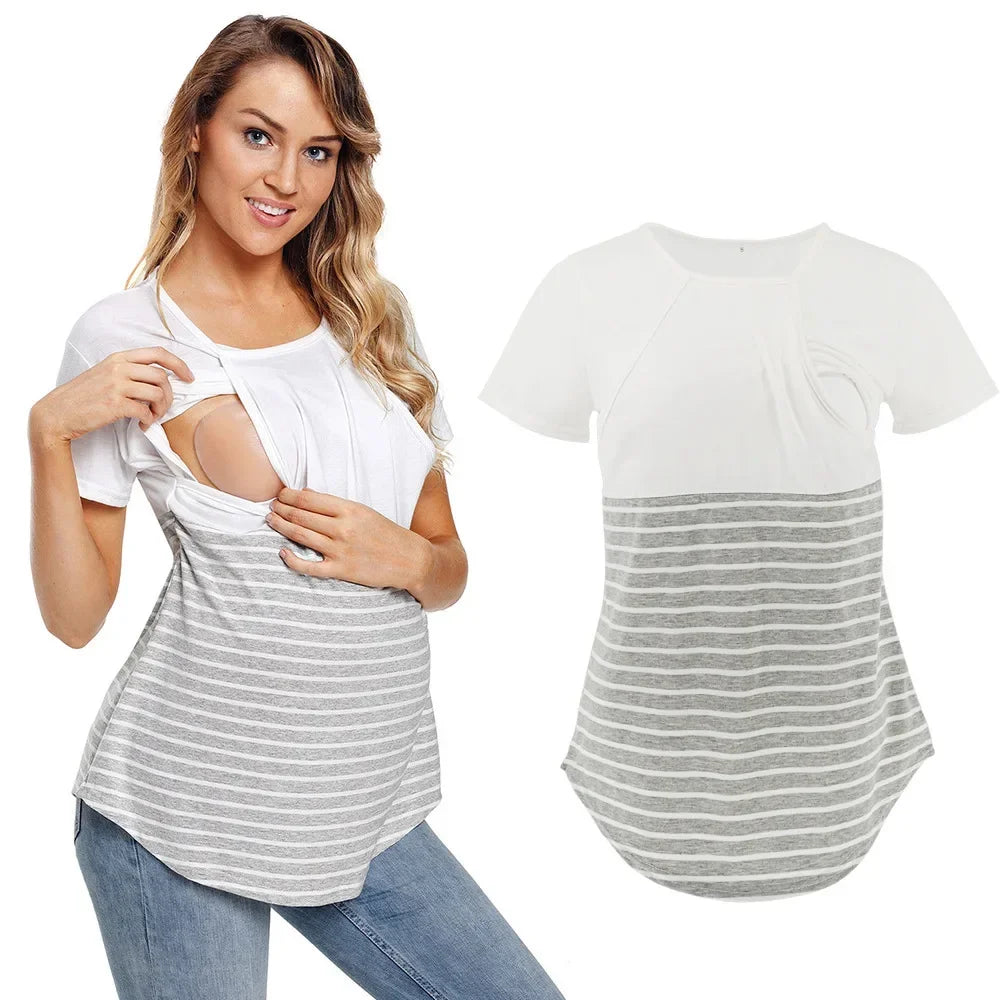 Striped Maternity Nursing Tee – Short Sleeve Breastfeeding Top
