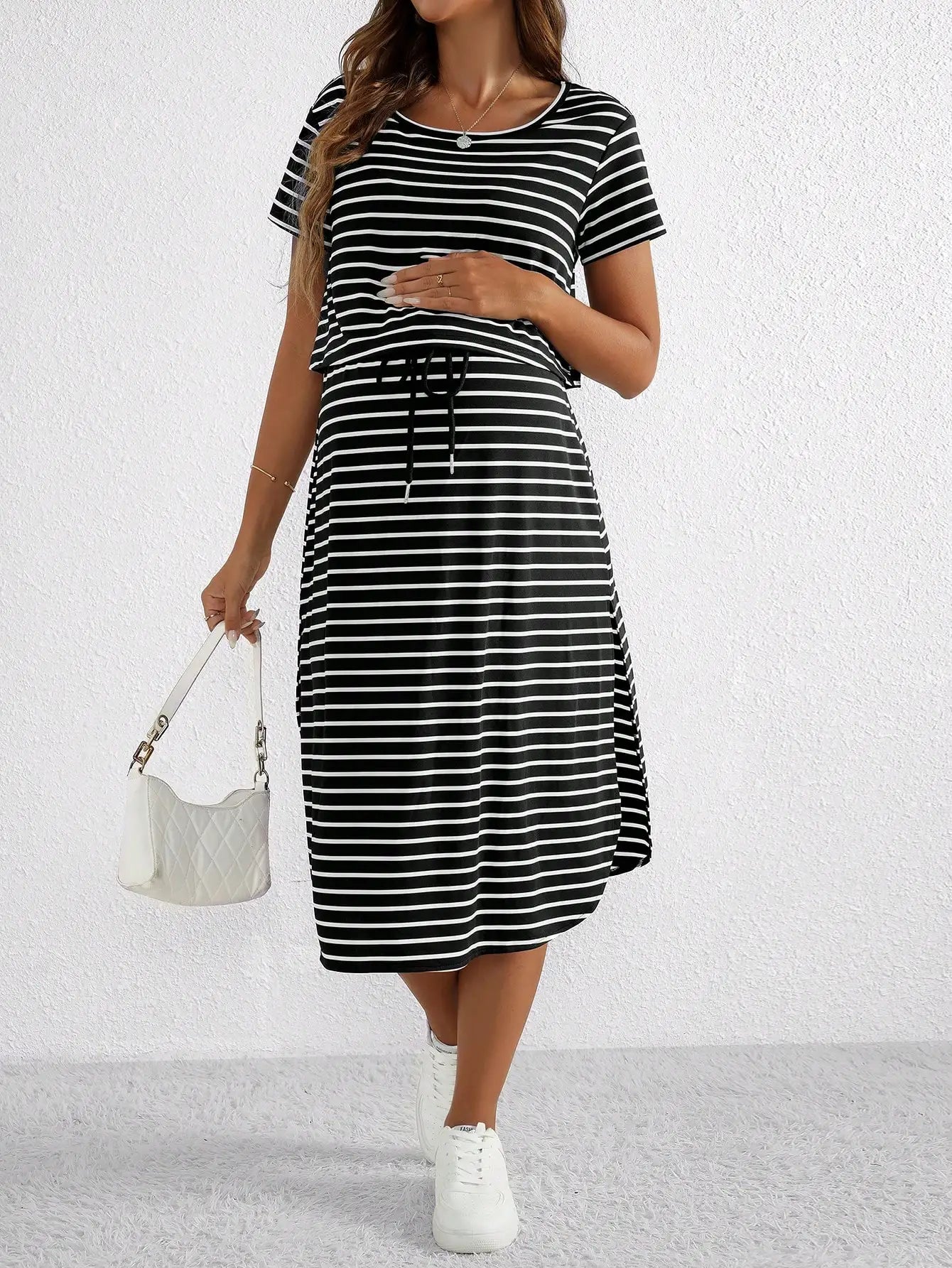 ### **Striped Maternity Nursing Dress – Short Sleeve Summer Breastfeeding Wear**