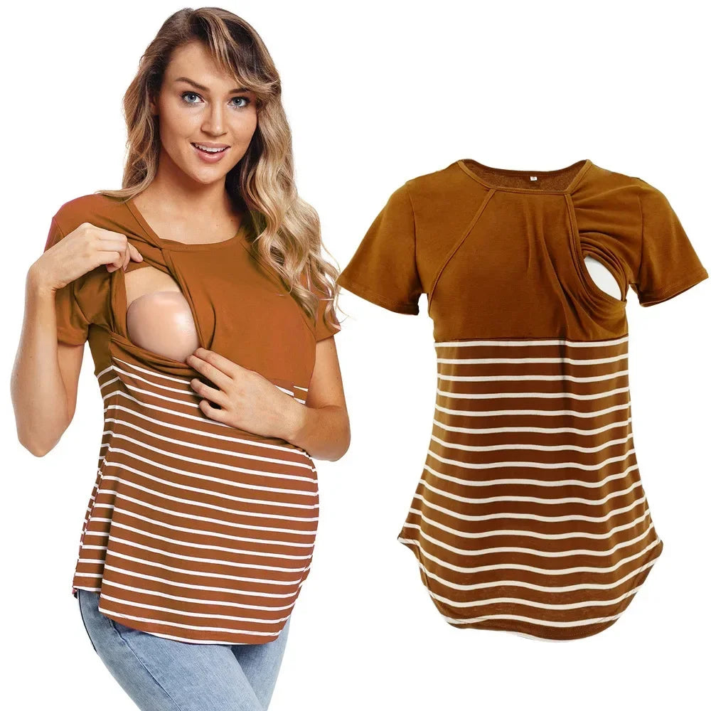 Striped Maternity Nursing Tee – Short Sleeve Breastfeeding Top