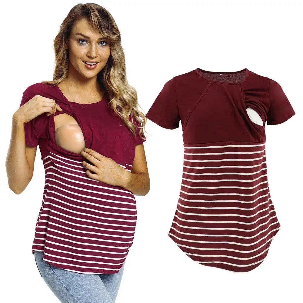 Striped Maternity Nursing Tee – Short Sleeve Breastfeeding Top