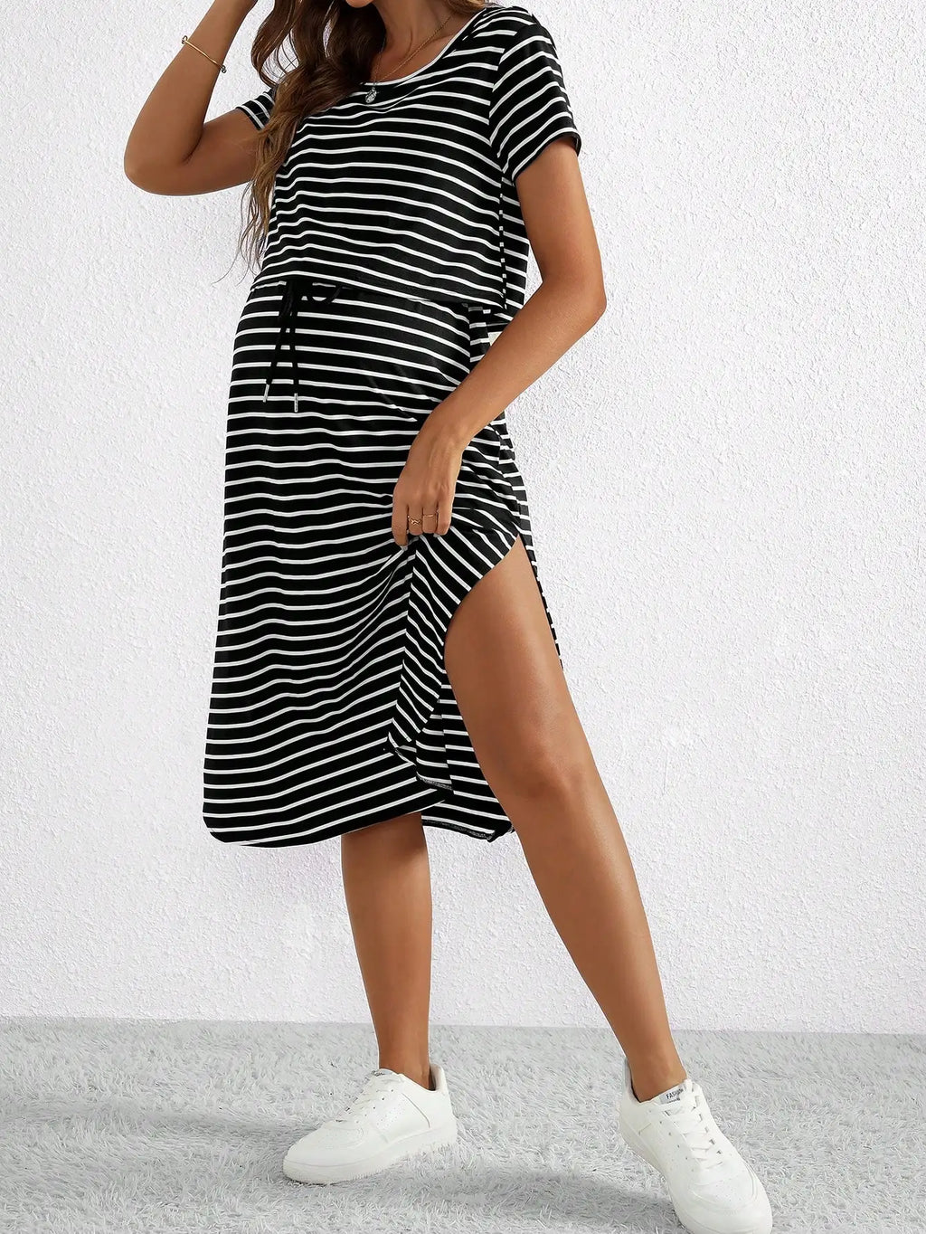 ### **Striped Maternity Nursing Dress – Short Sleeve Summer Breastfeeding Wear**